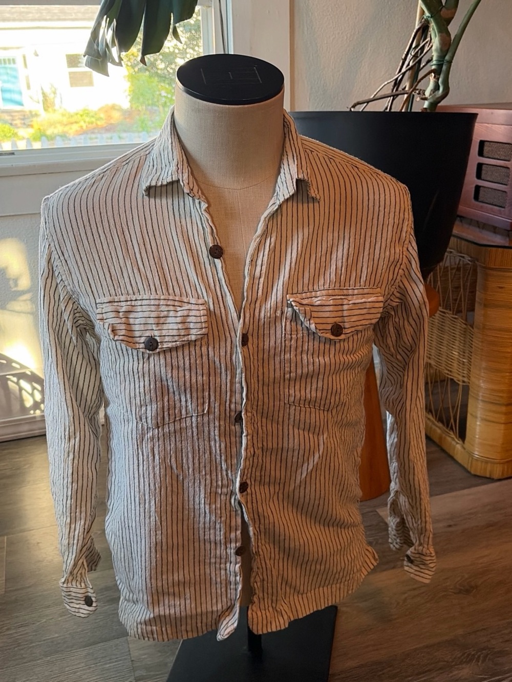 Others Follow Beige and Black Striped Casual Button-Down Shirt